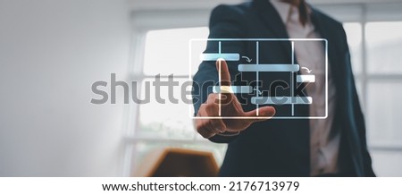 Business project management plan concept, Closeup businessman or project manager finger gesturing pointing to virtual graphic project schedule plan or Gantt chart