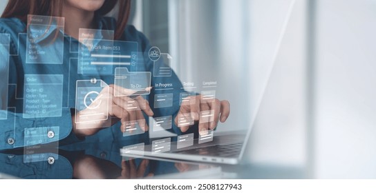 Business project manager using Kanban board framework on laptop computer. Agile software development lean project management tool for fast changes, project management system concept