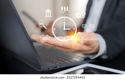 Business project planning. Time management concept. Businessman touching clock icon on virtual to work planning for increases efficiency and reduces work time. - Powered by Shutterstock