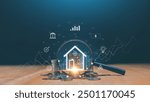 Business prosperity and asset management concept, Real estate investment marketing analysis, Stack of coins on wooden table with magnifying glass and business icon. Residential development project.