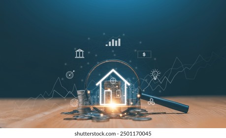 Business prosperity and asset management concept, Real estate investment marketing analysis, Stack of coins on wooden table with magnifying glass and business icon. Residential development project. - Powered by Shutterstock