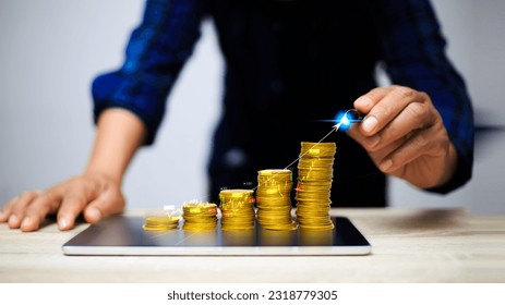 Business putting gold coins in piles of gold saving money for future and retirement concept. growing power of compound interest. wealth stock investment. coin with funding that grows.