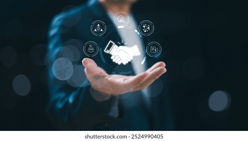 Business relationship connection concept. Partnership ecosystem, collaboration link technology service. Businessman search on leadership trust handshake contact icon on global digital network
