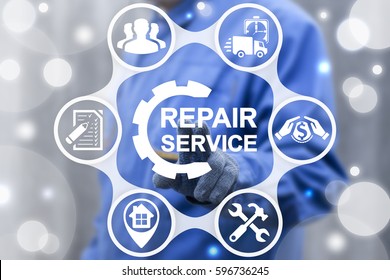 Business Repair Service Home. Repairs House Company Concept. Repairer Touched Repair Initiation Icon Of House On Virtual Screen. Maintenance, Electrician, Plumber, Carpenter, Painter