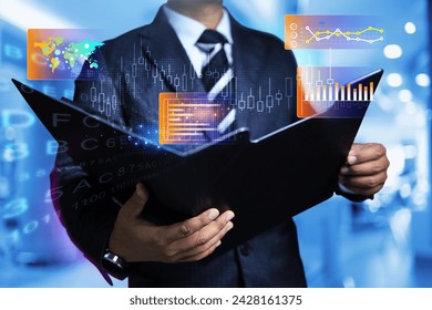 Business report concept with businessmen opening files to read operating results and stock dividend reports on the stock exchange to make investment decisions in the next year