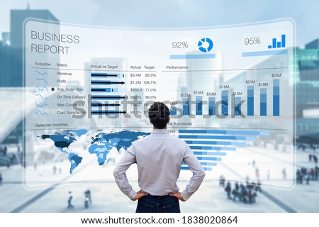 Business report with metrics, performance indicators and charts summarizing sales and profit data compared to targets and market trends. Business executive analyzing business analytics dashboard