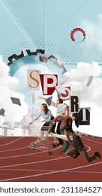 Business rivalry. Contemporary art collage with office workers, employees racing at start point on athlete field background symbolizing competitions. Career growth, competitors, leadership, ad concept