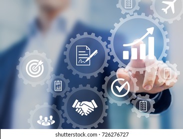 Business Robotic Process Automation Concept With Icons Of Management, Hiring Workflow, Document Validation, Information In Connected Gear Cogs, Businessman Touching Screen