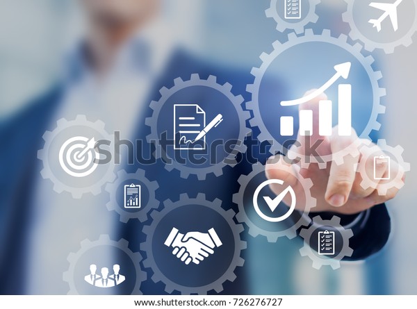 Business robotic process\
automation concept with icons of management, hiring workflow,\
document validation, information in connected gear cogs,\
businessman touching\
screen