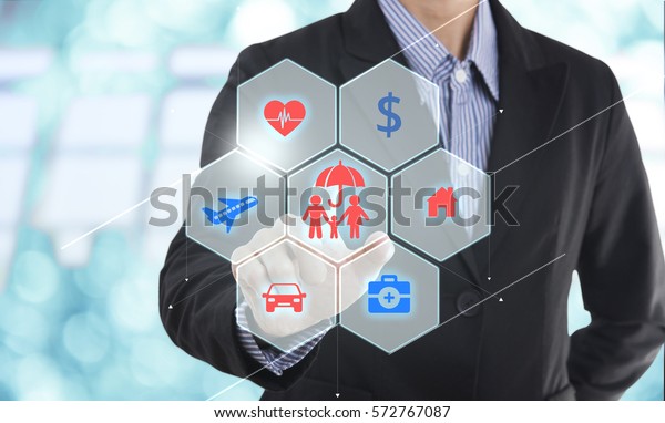 business salesman agent\
hand pressing button accident prevention concept assurance\
health-care insurance.