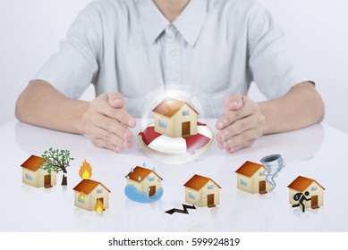 business salesman agent protection house insurance. concept accident prevention healthcare and natural disaster.