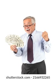 Business Senior Rich Man Asian Senior Man , Old Man ,holding Money US Dollar Bills In Hand On White Background , Senior Success Business Concept  