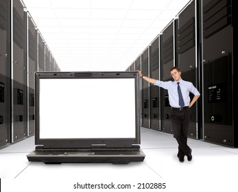 business servers made in 3d with their manager and a laptop in front - space on the laptop screen for you to put your message