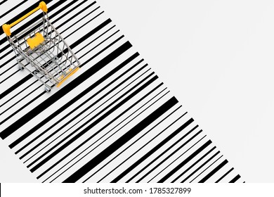 Business And Shopping Concept : Yellow Shopping Cart Or Trolley Rally On Barcode.