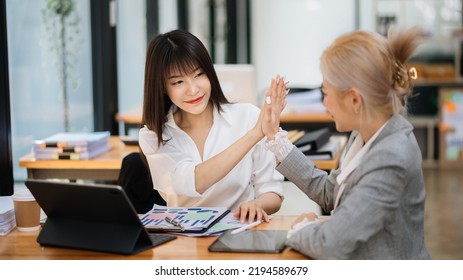 Business Show Me The Joy Hi Five Hands With Businesswomen Executives Celebrating The Success Of The Company. In Office
