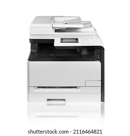 Business Smart Laser Multifunction Printer Isolated On White. Front View White Home Colour Document And Photo Laser Printer With Copier, Fax And Scanner. Office Printing Appliances. Peripheral Device