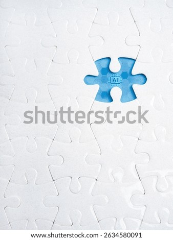Business solution, solving with intelligence assistant tools, technology concept. AI chip icon on missing piece, blue empty space, gap surrounded with many white vertical jigsaw puzzle background.