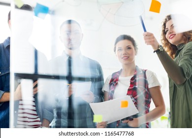 Business, Startup, Planning And People Concept - Happy Creative Team Writing On Glass Board At Office