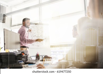 business, startup, presentation, strategy and people concept - man showing scheme on flipboard to creative team at office over urban double exposure effect