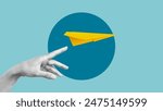 Business startup support and assistance. New product launch concept. Collage with the hand launching paper plane. Copy space for text