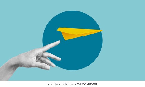 Business startup support and assistance. New product launch concept. Collage with the hand launching paper plane. Copy space for text