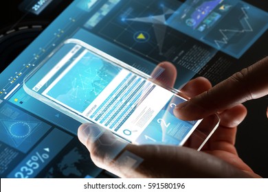 Business, Statistics, People And Future Technology Concept - Close Up Of Businessman Hands With Charts On Transparent Smartphone Screen And Virtual Projections Over Black Background