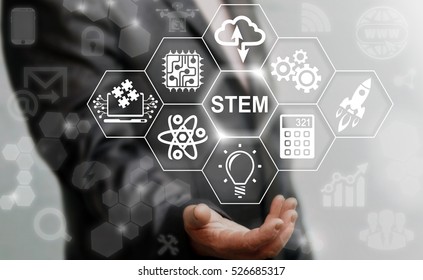 Business STEM concept. Science Technology Engineering Math education web icon. Man offer stem word sign on virtual screen. Sci-Tech.