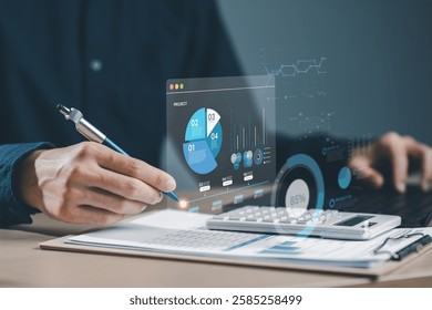 business strategy analysis data, Analyst database development analytic. A person is using a pen to draw on a computer screen with a pie chart. The chart is divided into different sections. - Powered by Shutterstock - Get 15% off with code: PIKWIZARD15