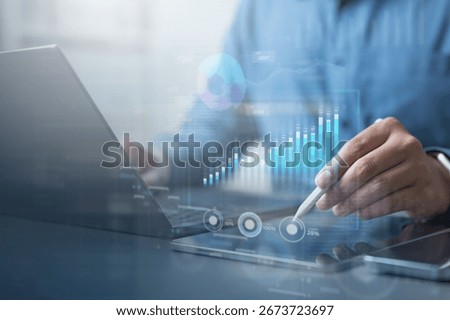 Business strategy analysis data, Analyst database development analytic. Business, Analytics and Data Management System on computer, make report KPI and metrics connected database. laptop tabelt.