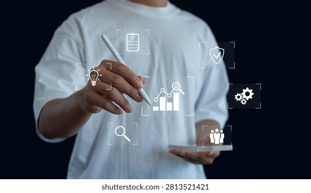 Business strategy and performance analytics concept featuring a professional interacting with virtual business icons, highlighting data analysis, process management, productivity, innovation, growth.
