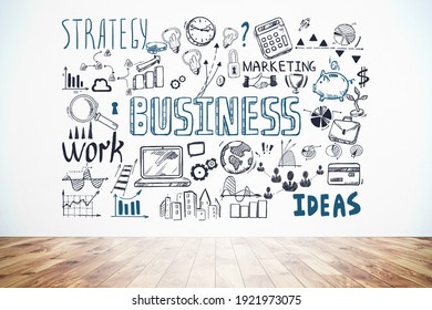 Business Strategy Plan On Concrete Wall, Doodle Sketch Set In Office Room With Wooden Floor. Business Finance Chart Graph, Success Achieving