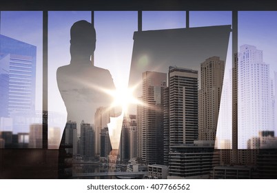 Business, Strategy, Planning And People Concept - Silhouette Of Woman With Flipboard Over Double Exposure Office And City Background