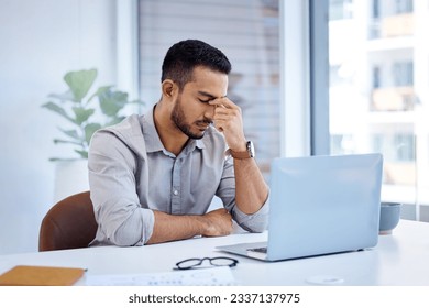 Business, stress and man with a headache, laptop and overworked with health issue, professional and pain. Male person, employee or entrepreneur with a pc, burnout and migraine with fatigue or problem - Powered by Shutterstock