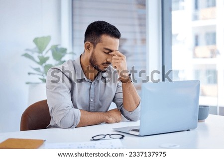 Business, stress and man with a headache, laptop and overworked with health issue, professional and pain. Male person, employee or entrepreneur with a pc, burnout and migraine with fatigue or problem
