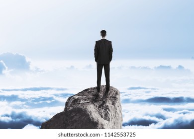 business success concept with businessman's back view standing on top of the rock above clouds in the sky