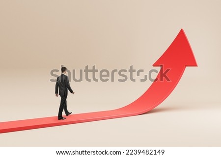 Business success, growth and personal development concept with businessman back view walking on red arrow growing up on abstract light background