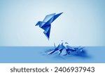 Business Success Inspiration and motivation concept as a birth or rebirth with a blue paper origami bird emerging as a symbol of creativity and metamorphosis and an icon of change and transformation.