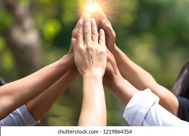 Business  Success Team Which Hand Of The Work Force Combine Power Tag Team With Light And Group Of Diversity People Hand Assembly High Five Together For Good Teamwork.