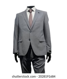 Business Suits On Shop. One Mannequin  High Fashion Retail Display. Isolated On White Background. 