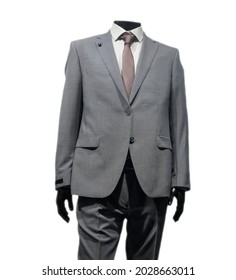 Business Suits On Shop. One Mannequin  High Fashion Retail Display. Isolated On White Background. 