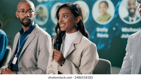 Business, summit and woman speaker talk, presentation and discussion for audience with leadership people. Innovation, microphone and tradeshow or public speaking, entrepreneur and panel presenter - Powered by Shutterstock