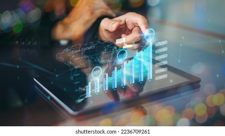Business target set goals and achievement growth year 2022 to 2023 with digital augmented reality graphics, positive indicators. Futuristic technology for business trend, investment strategy. - Shutterstock ID 2236709261
