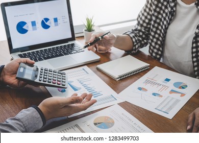 Business team casual collaboration discussing working analysis with financial data and marketing growth report graph in team, Meeting Talking Brainstorming Communication Concept. - Shutterstock ID 1283499703