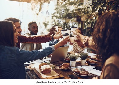 Business team, coffee and cheers at meeting in cafe for celebration, company success and breakfast. Collaboration, employees and people at work social with food, happy and toast to client reunion - Powered by Shutterstock