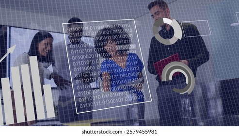 Business team collaborating with data charts and binary code image. teamwork, collaboration, data analysis, technology, digital, marketing - Powered by Shutterstock - Get 15% off with code: PIKWIZARD15