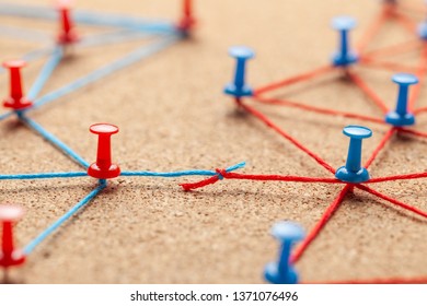 Business Team. Connect Between Business People. Contract Arrangements. Office Pins Connected By Blue And Red Thread And Contract Between The Teams.