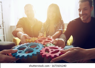 Business Team Connect Pieces Of Gears. Teamwork, Partnership And Integration Concept