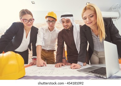 Business Team Construction Engineer Architect And Worker Looking Building Model And Blueprint Planbleprint Plans