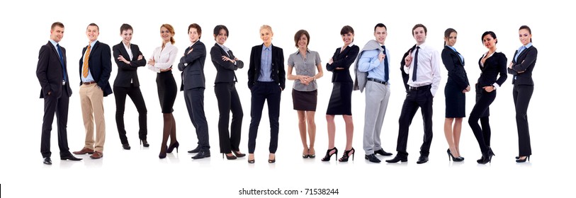 Business Team Formed Of Young Business Men And Business Women Standing Over A White Background