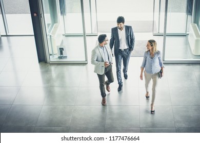 Business Team Gets To Work. Three People Entering The Building.